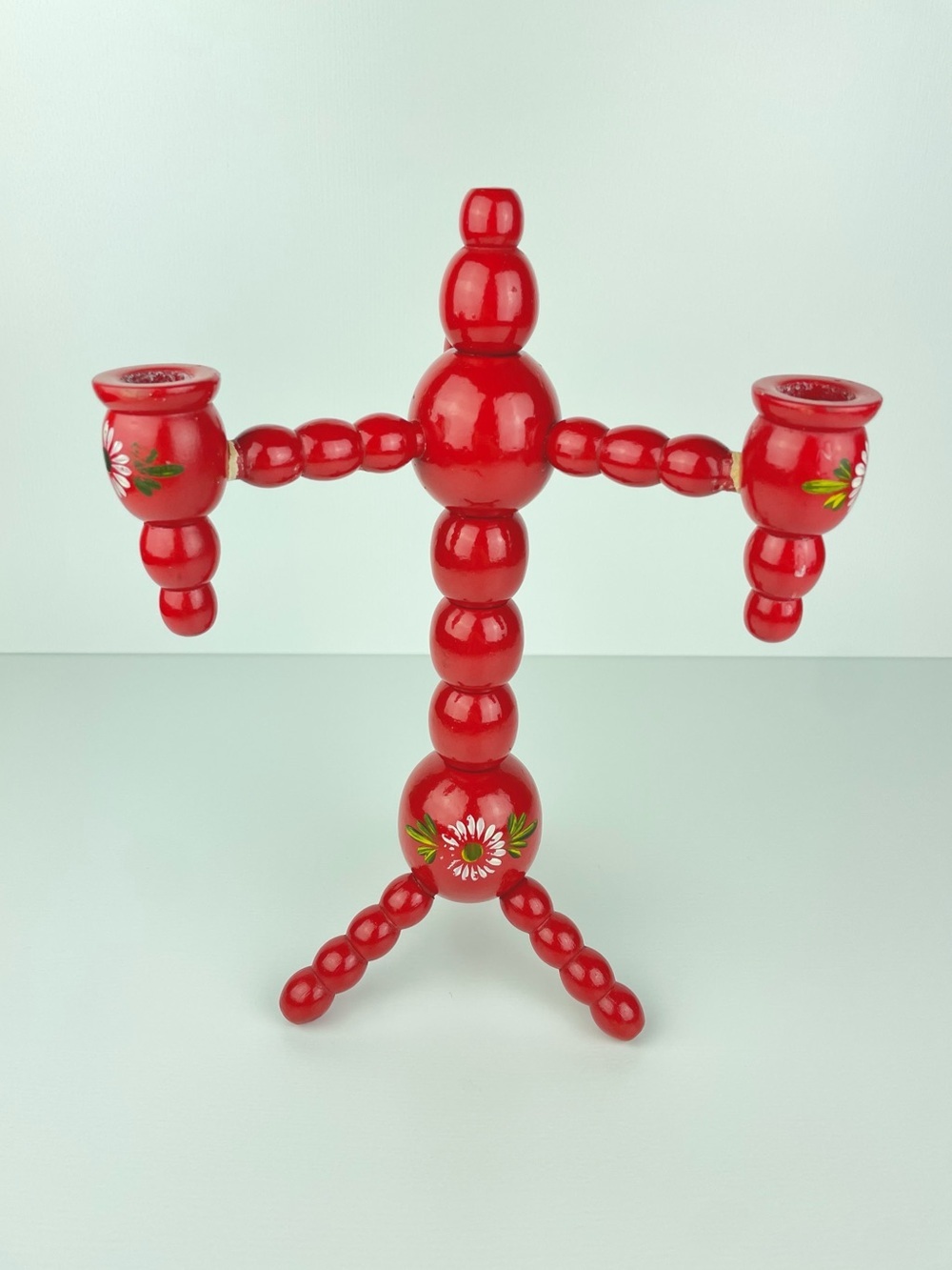 VTG Swedish 3 Armed Red Floral Candelabra Scandinavian Folk Art Candleholder - Picture 3 of 16